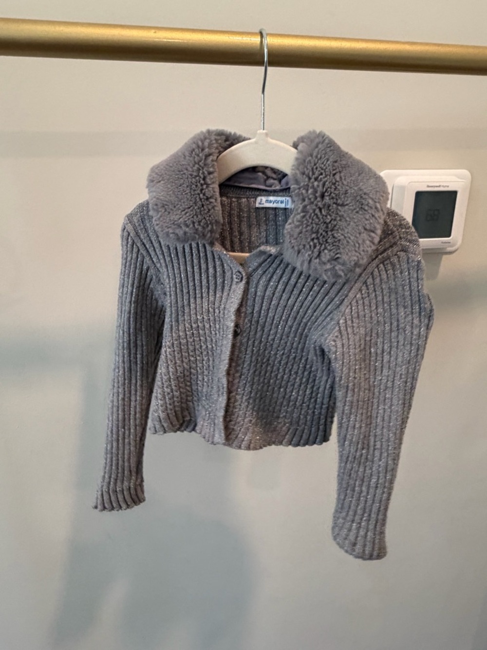 Mayoral Grey Ribbed Knit Jacket with Faux Fur Trim